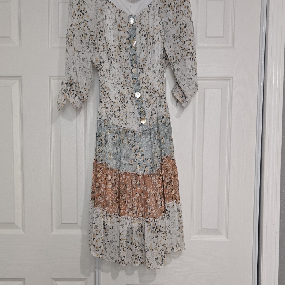 fig and flower Floral Tiered Long Sleeve Midi Dress in White, Blue, Brown